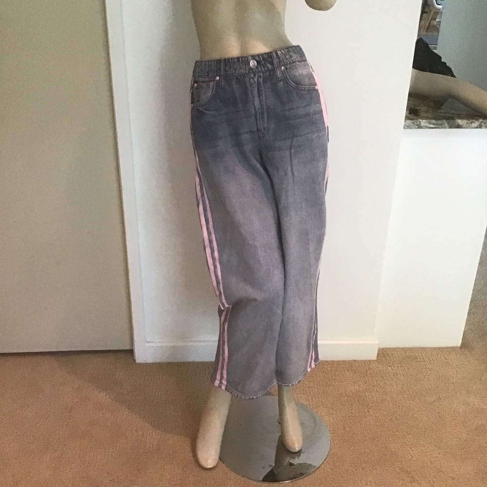 Rag & Bone Miramar Terry Wide Leg Sweatpants Denim Track Pants Pink Stripe S